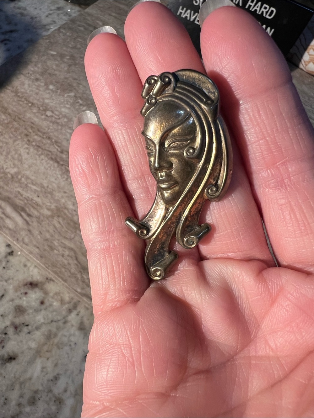 Art Nouveau Sterling Woman Face Brooch- Gold Tone